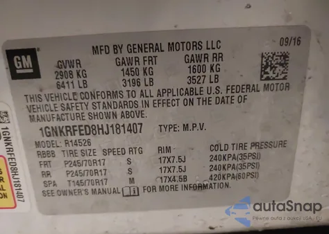 2017 Chevrolet Traverse Ls z USA, uszkodzony, nr VIN 1GNKRFED8HJ181407